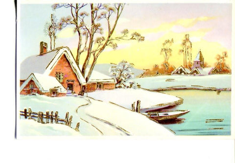Postal 016497: Motivos Navidad - Casa y Lago nevado con incrustaciones doradas