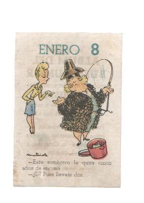 Cromo: album del buen humor de la firma Potax : 08 de enero, dibujo de Muntañola