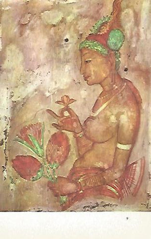 LAMINA 1546: Doncella de tez dorada contemplando una flor de sapu. Fresco de la Peña de Sigiri. Siglo V