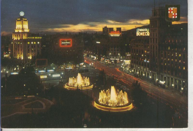 Postal 014779: Vista nocturna de la Plaza de Cataluña de Barcelona  