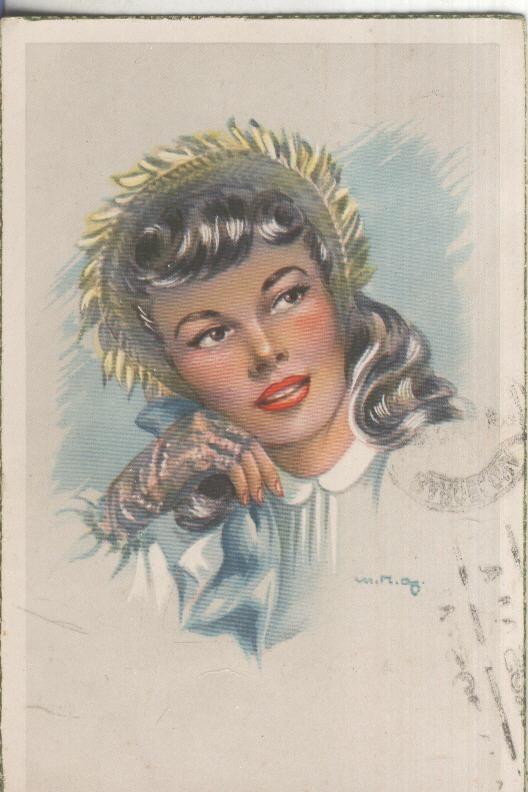 Postal coloreada de epoca 0070 :  Ilustracion femenina firmada M.Og