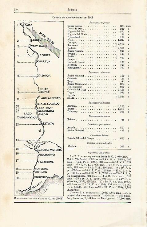 LAMINA ESPASA 15370: Comunicaciones de Ciudad del Cabo a El Cairo en 1908