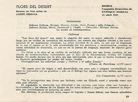 LAMINA 2639: Reparto y criticas de Flors del Desert. Romea 24 abril 1902