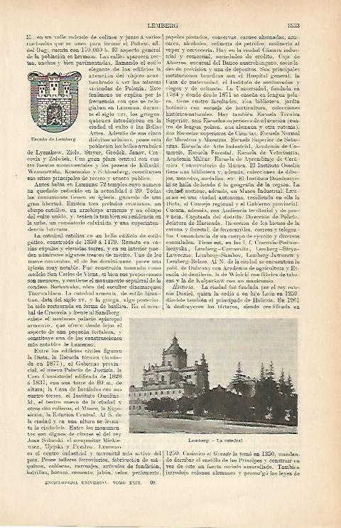 LAMINA ESPASA 9141: Catedral y escudo de Lemberg Polonia