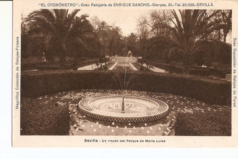Postal 027476 : Sevilla - Un rincon del Parque de Maria Luisa. Gran Exposicion de Relojes de Pared