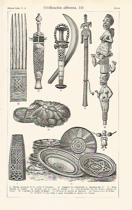 LAMINA ESPASA 12732: Armas y utensilios de diferentes pueblos de Africa