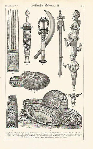 LAMINA ESPASA 12732: Armas y utensilios de diferentes pueblos de Africa