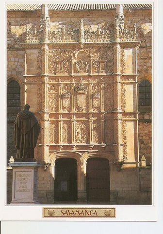 Postal 039391 : Salamanca. Universidad. Fachada plateresca y estatua de Fray Luis de Leon