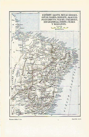 LAMINA ESPASA 16315: Mapa de Espiritu Santo Minas Geraes Goyaz Bahia Sergipe Alagoas