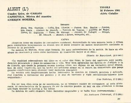 LAMINA 3013: Reparto y critica de L Aligot. Tivoli 16 febrero 1901