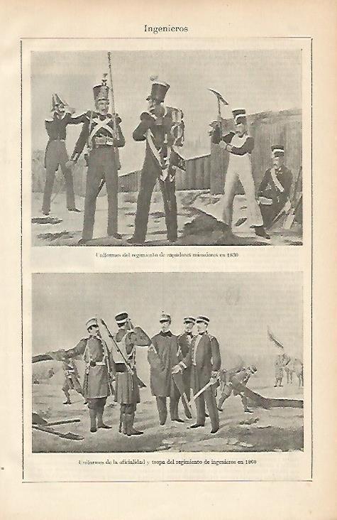 LAMINA ESPASA 4600: Uniformes de zapadores y del regimiento de ingenieros en 1830 y 1860