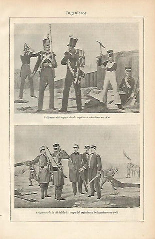 LAMINA ESPASA 4600: Uniformes de zapadores y del regimiento de ingenieros en 1830 y 1860