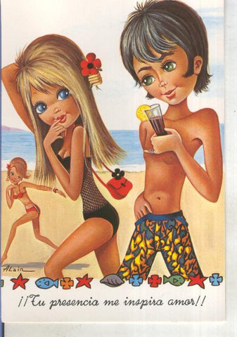 Postal 015271: Pareja en la playa, ilustracion de Alain