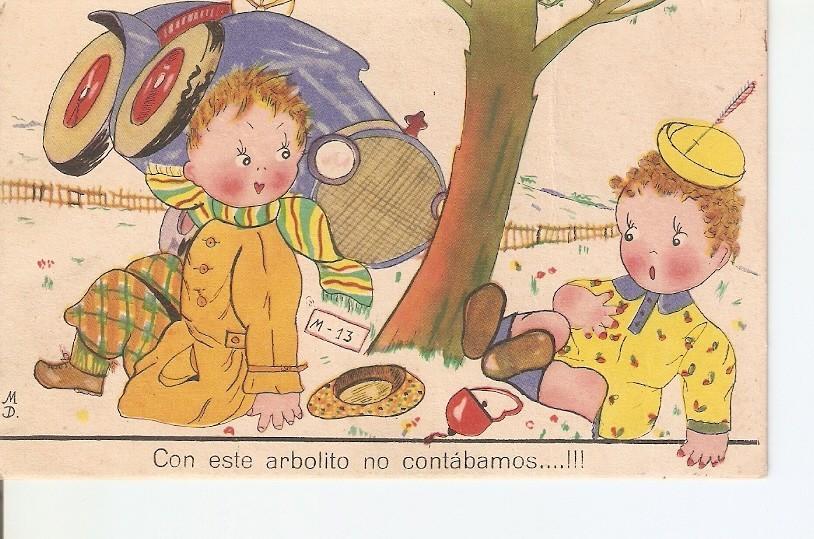 Postal 036115 : Dibujo. Con este arbolito no contabamos (Dos crios con coche de juguete)