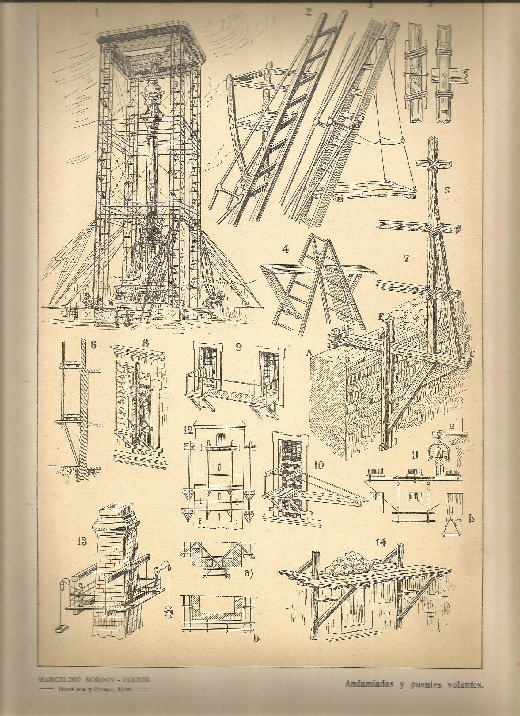 Lamina 040: Tratado de arquitectura de Sugrañes - Andamiadas y puentes volantes