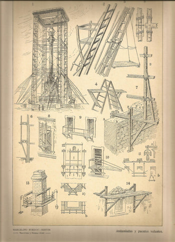 Lamina 040: Tratado de arquitectura de Sugrañes - Andamiadas y puentes volantes