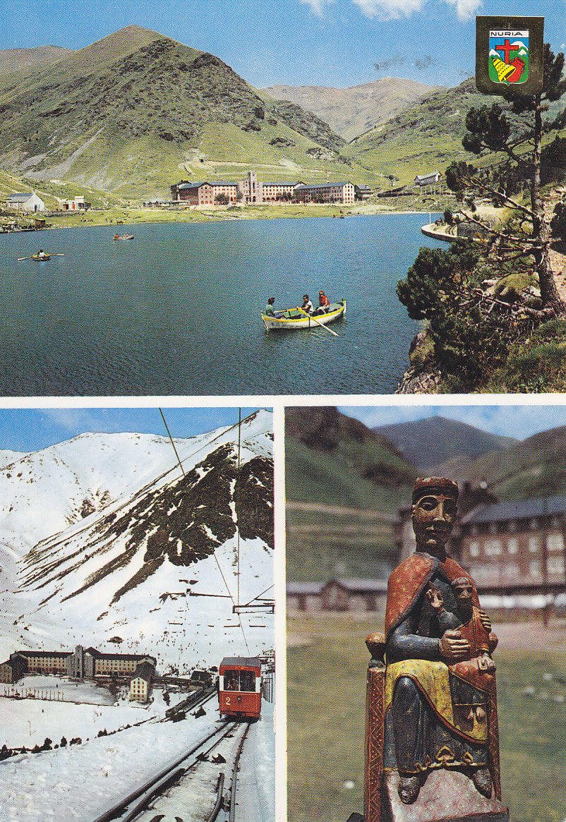 Postal 61461 : Nuria (Gerona) Pirineu Catala. Llac i vista general. Funicular a la Coma de Clot. Mare de Deu de Nuria