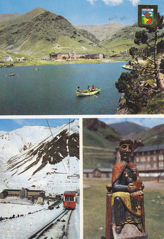 Postal 61461 : Nuria (Gerona) Pirineu Catala. Llac i vista general. Funicular a la Coma de Clot. Mare de Deu de Nuria