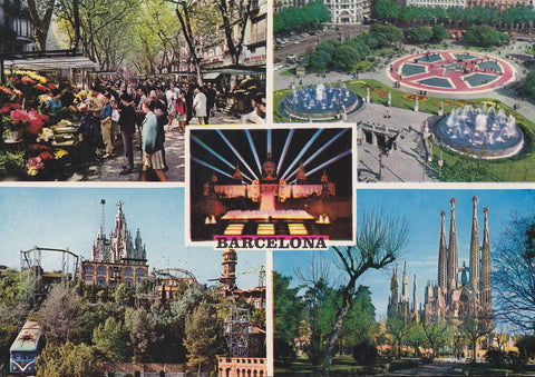 Postal 61652 : Barcelona. Ramblas - Plaza Cataluña. Palacio Nacional. Tibidabo - Sagrada Familia