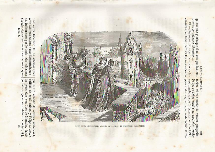 LAMINA 3438: Isabel reina de Inglaterra mirando la Procesion de Burgeses de paris en 1313