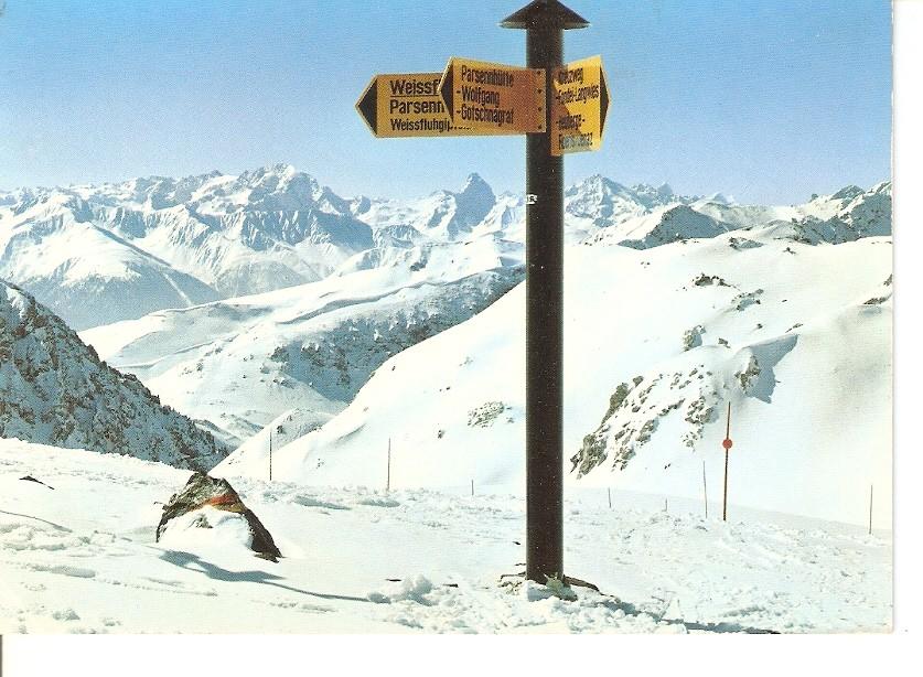 Postal 034619 : Davos-Parsenn. Wegweiser auf Weissfluhjoch