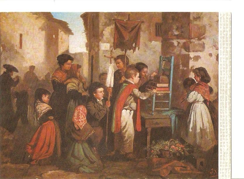 Postal 035304 : Joaquin Vayreda. Niños ante un Cristo