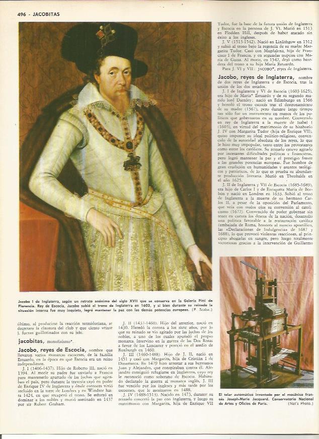 LAMINA MONITOR 0081: JACOBO I DE INGLATERRA. TELAR MECANICO DE JACQUARD