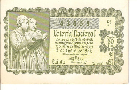 Postal 037839 : Decimo sw Loteria Naciona. Serie D. Primer premio del Sorteo de 5 de enero de 1956