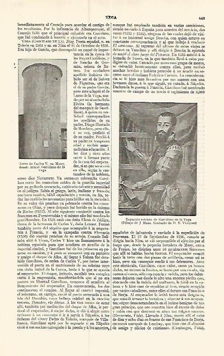 LAMINA ESPASA 17379: Torre de Carlos V en Muey y Retrato de Garcilaso de la Vega
