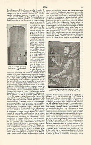 LAMINA ESPASA 17379: Torre de Carlos V en Muey y Retrato de Garcilaso de la Vega