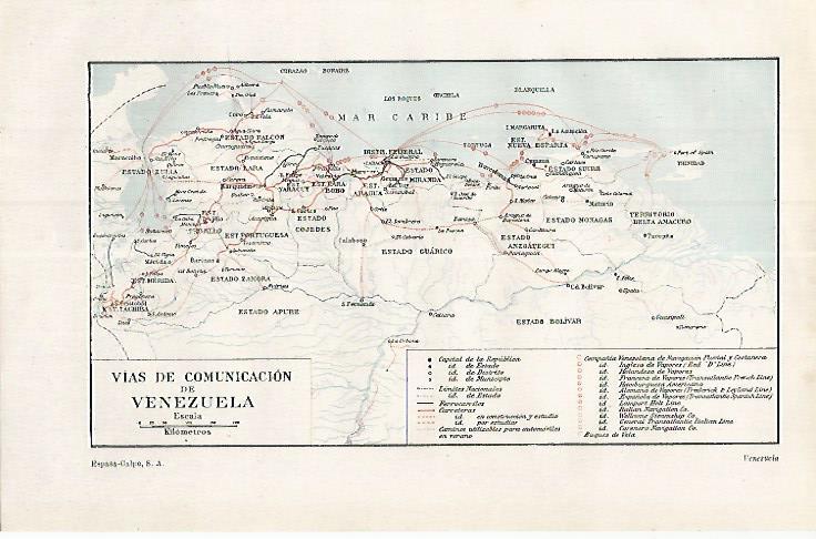 LAMINA ESPASA 17487: Mapa de vias de comunicacion de Venezuela