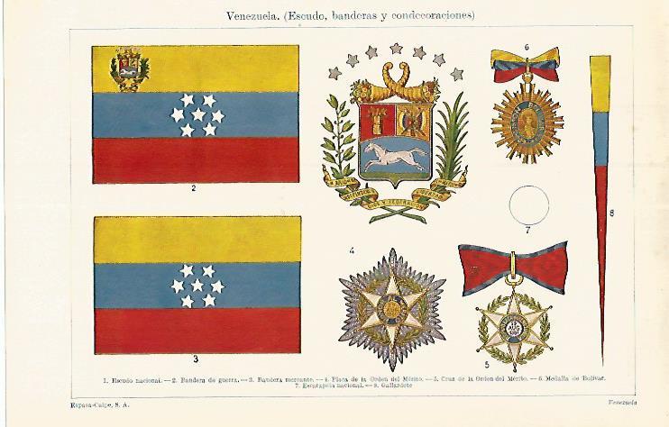 LAMINA ESPASA 17493: Escudo bandera y condecoraciones de Venezuela