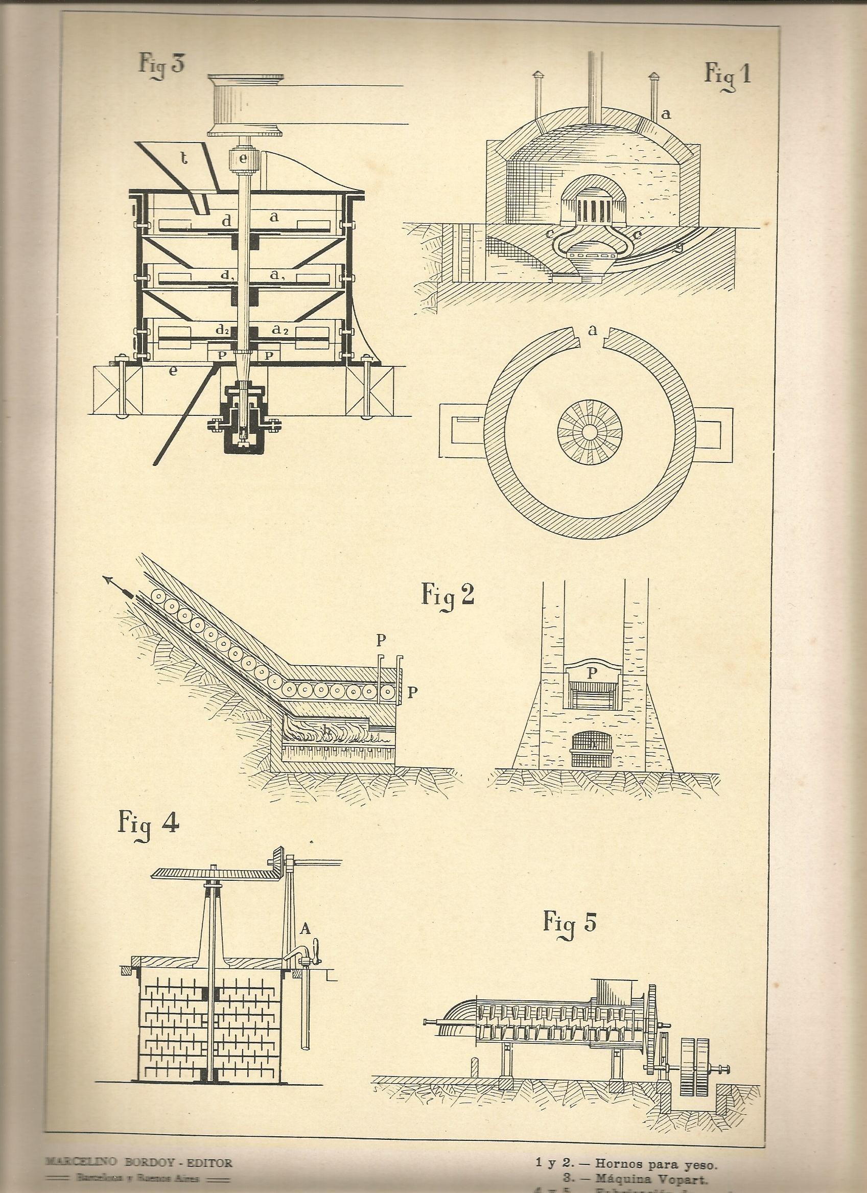 Lamina 005: Tratado de arquitectura de Sugrañes - Hornos para yesos - Maquina Vopart - Fabricacion de morteros