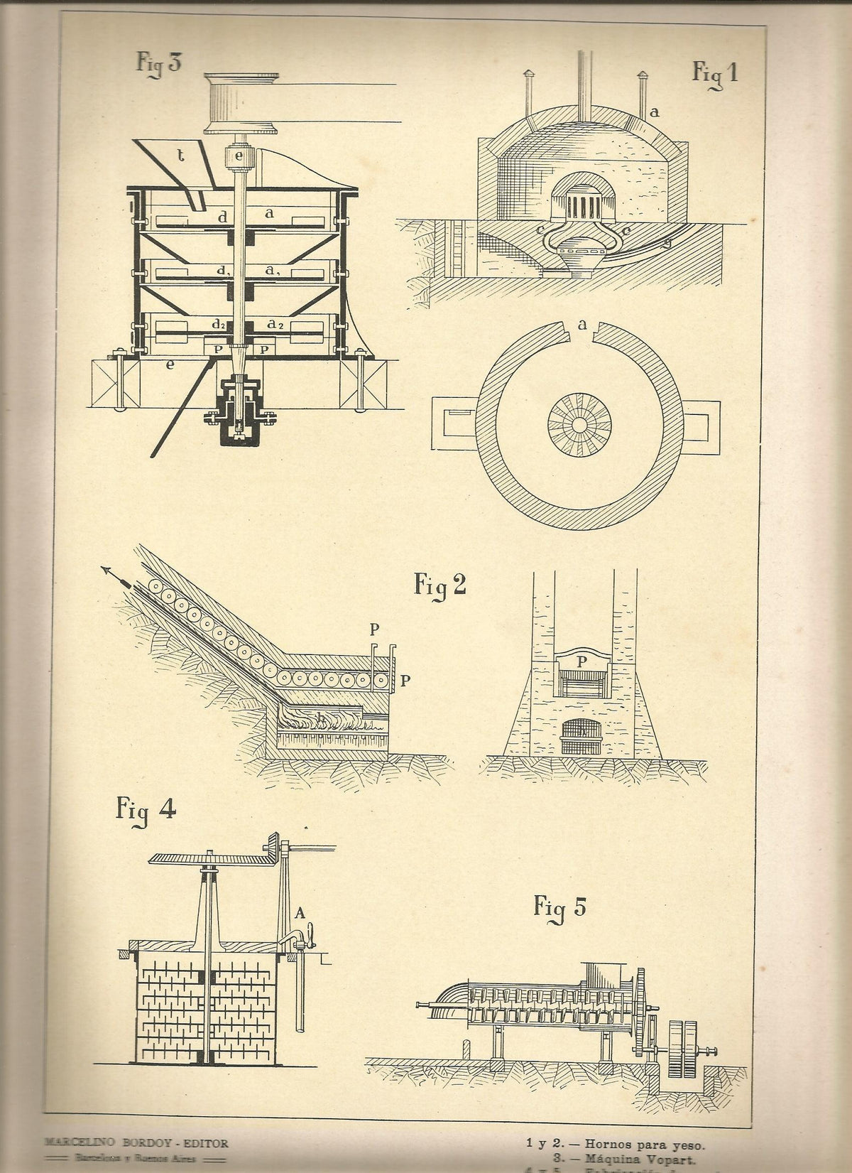 Lamina 005: Tratado de arquitectura de Sugrañes - Hornos para yesos - Maquina Vopart - Fabricacion de morteros