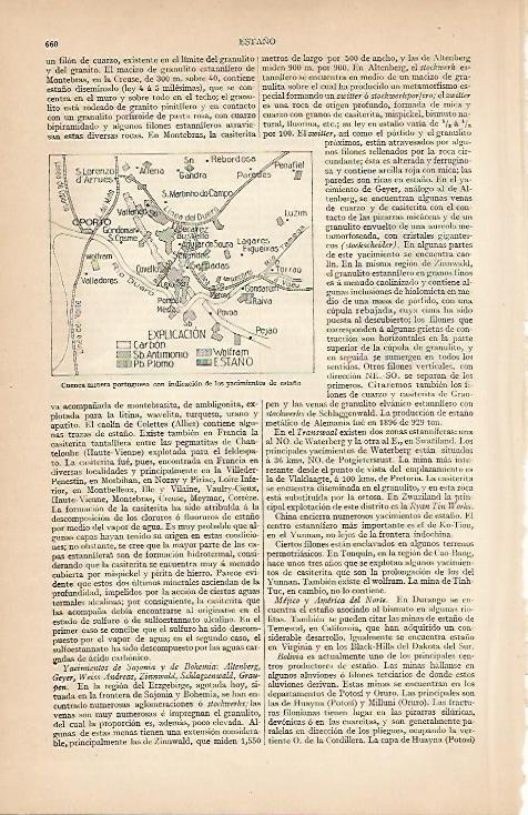 LAMINA ESPASA 7973: Mapa de la cuenca minera portuguesa con indicacion de los yacimientos de estaño