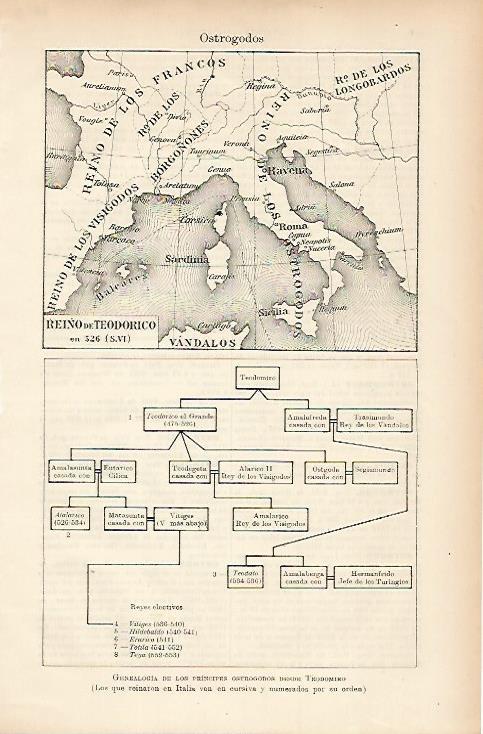 LAMINA ESPASA 7652: Mapa del reino de Teodorico en 526 y genealogia de los ostrogodos