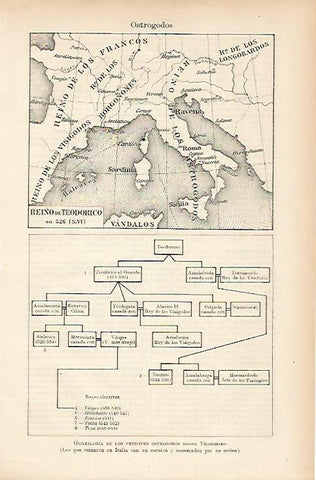 LAMINA ESPASA 7652: Mapa del reino de Teodorico en 526 y genealogia de los ostrogodos