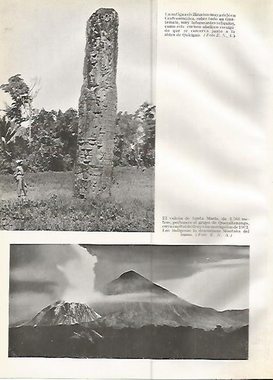 LAMINA GEOGRAFIA 0219: Obelisco maya en Quirigua y volcan de Santa Maria Guatemala