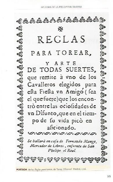 LAMINA COSSIO 50010: Portada de las Reglas de torear 1726