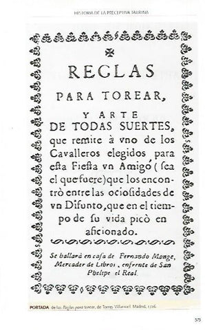 LAMINA COSSIO 50010: Portada de las Reglas de torear 1726