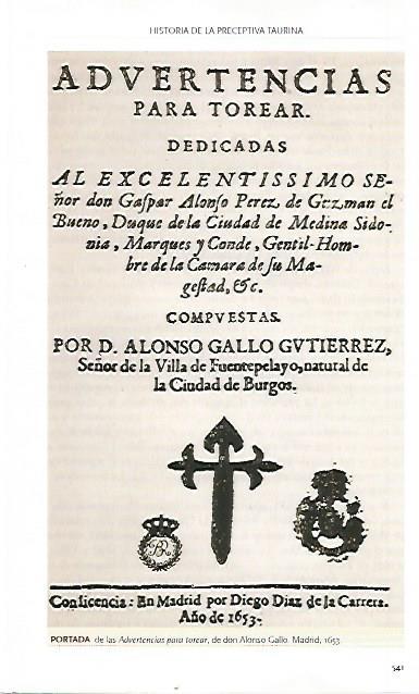 LAMINA COSSIO 50014: Advertencias para torear de Alnoso Gallo 1653