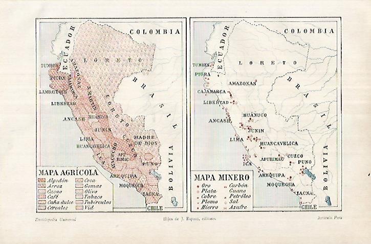 LAMINA ESPASA 18077: Mapa agricola y minero de Peru