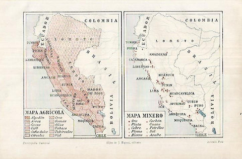 LAMINA ESPASA 18077: Mapa agricola y minero de Peru