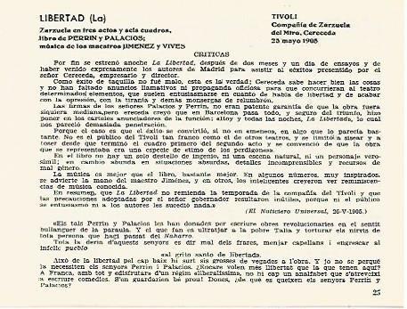 LAMINA 2582: Criticas de la zarzuela La Libertad. Tivoli 25 mayo 1905