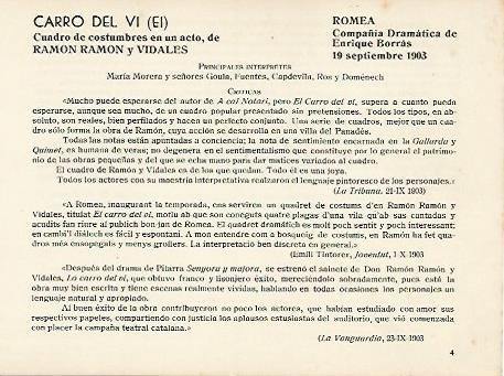 LAMINA 2928: Reparto y criticas de El Carro del Vi. Romea 19 septiembre 1903