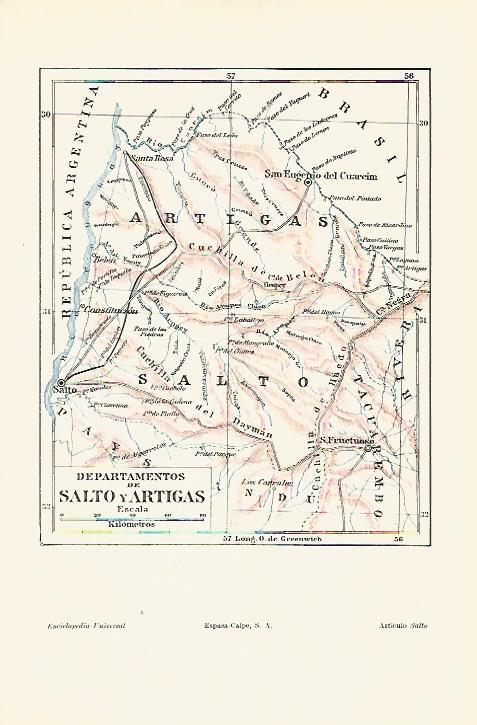 LAMINA ESPASA 18216: Mapa de los departamentos de Salto y Artigas