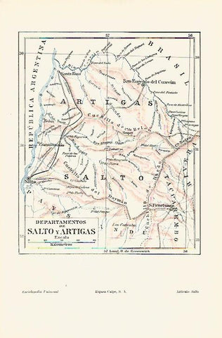 LAMINA ESPASA 18216: Mapa de los departamentos de Salto y Artigas