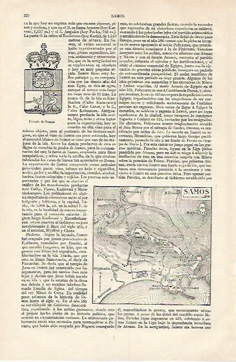 LAMINA ESPASA 18248:  Escudo y plano de Samos Grecia