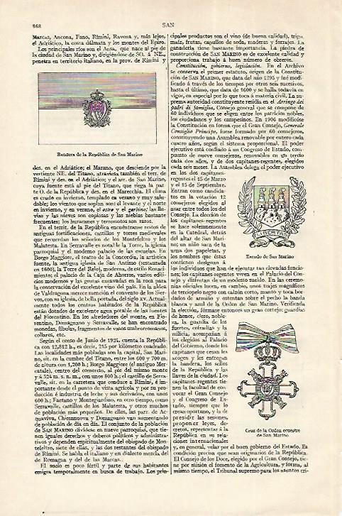 LAMINA ESPASA 18335: Bandera  y escudo de la Republica de San Marino