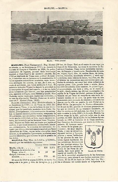 LAMINA ESPASA 18475: Vista y escudo de Maella Zaragoza